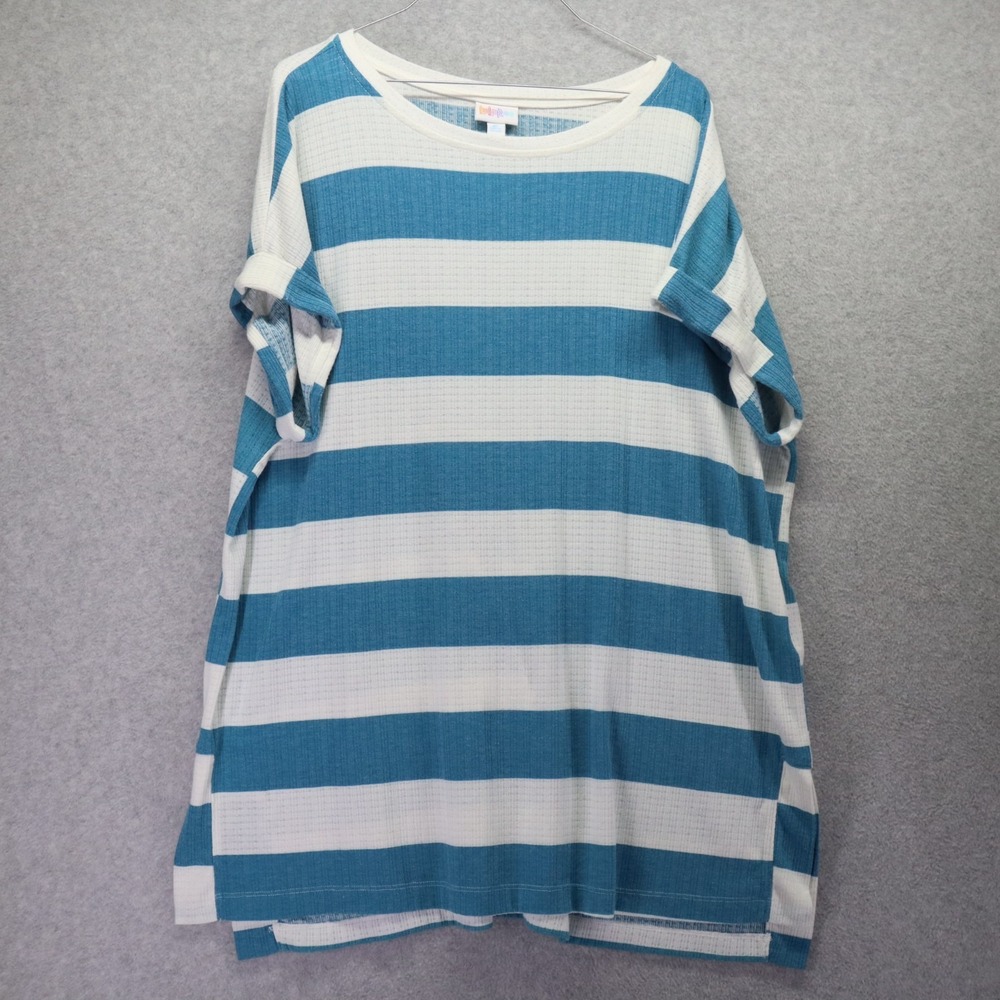 LuLaRoe Shirt Top Womens XL Casual Knit Turquoise White Striped Short Sleeve